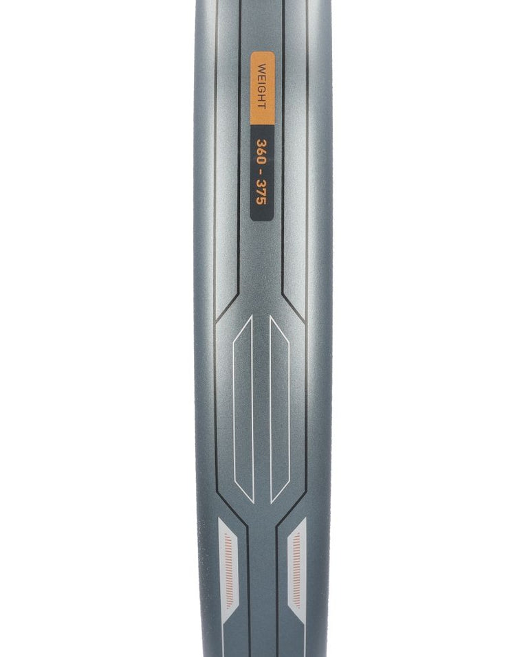 Detail van het Adidas Neuvortx Cooper antraciet oranje padelracket met gewichtsaanduiding 360 tot 375 gram