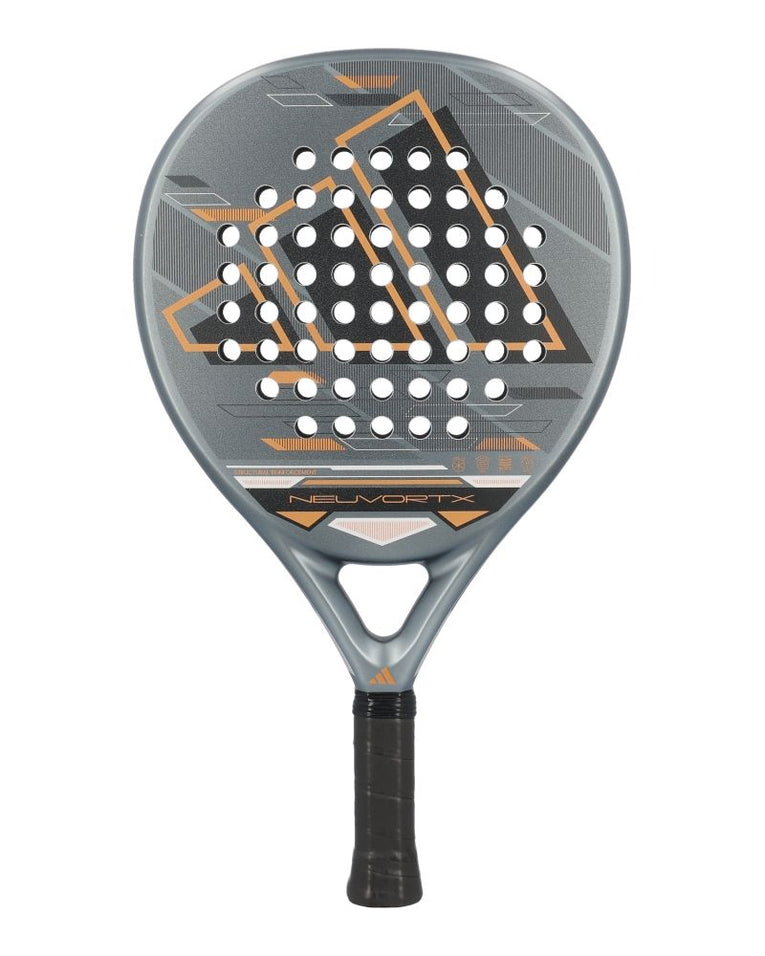 Adidas Neuvortx Cooper antraciet oranje padelracket front met ronde vorm