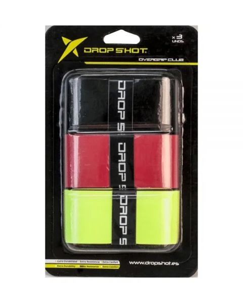 Drop Shot Club Overgrips 3-Pack in zwart, rood en geel voor extra grip, comfort en controle tijdens het padelspel
