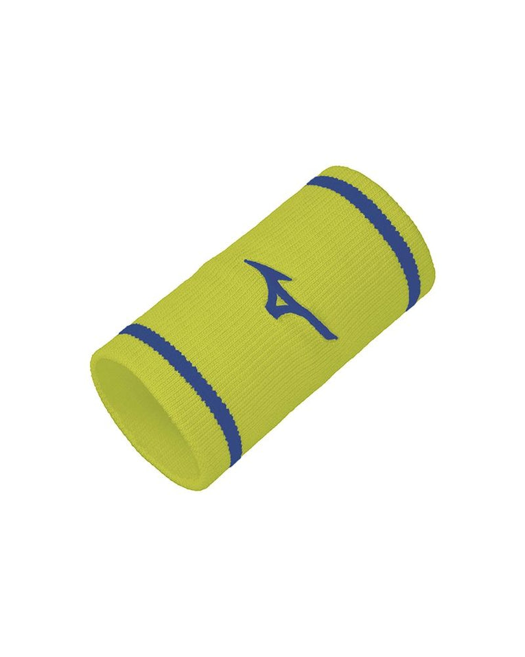 Mizuno lange polsband geel met blauwe accenten voor padel en tennis