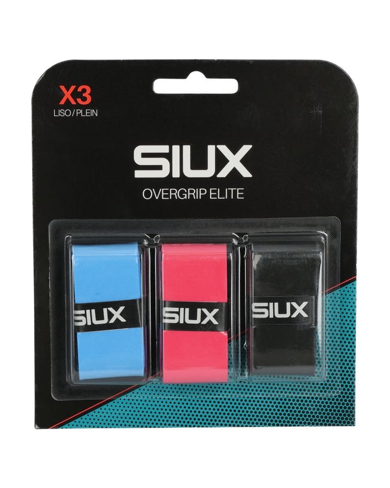 Siux Elite Multicolor Overgrips 3-Pack frontverpakking met blauwe roze en zwarte overgrip
