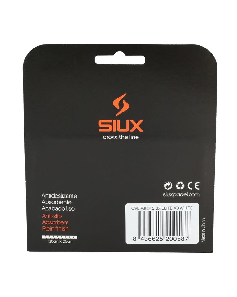 Achterzijde van Siux Elite Witte Overgrips 3-Pack verpakking met productspecificaties