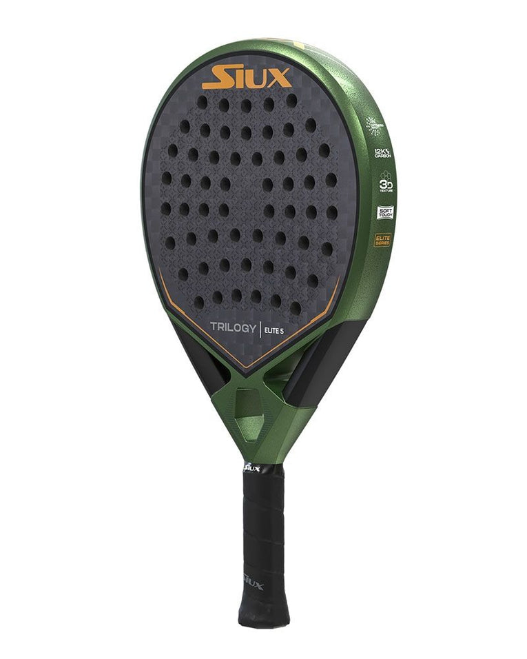 Siux Trilogy Elite 5 padelracket schuin achteraanzicht met ronde vorm en grote sweetspot