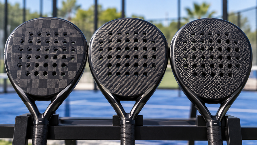 Detail van carbonweefsel op padelrackets ter vergelijking van verschillende carbonconstructies