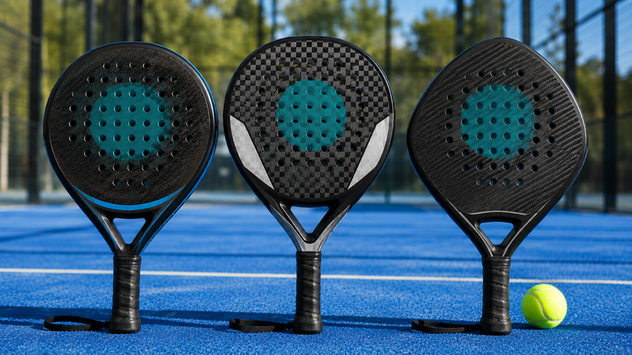 Drie moderne padelrackets met verschillende vormen op een blauwe padelbaan ter illustratie van balans en sweetspot.