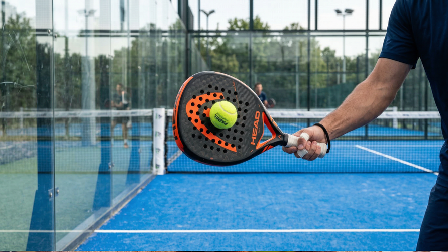 Padelbal vlak voor impact met racket tijdens competitiewedstrijd op padelbaan