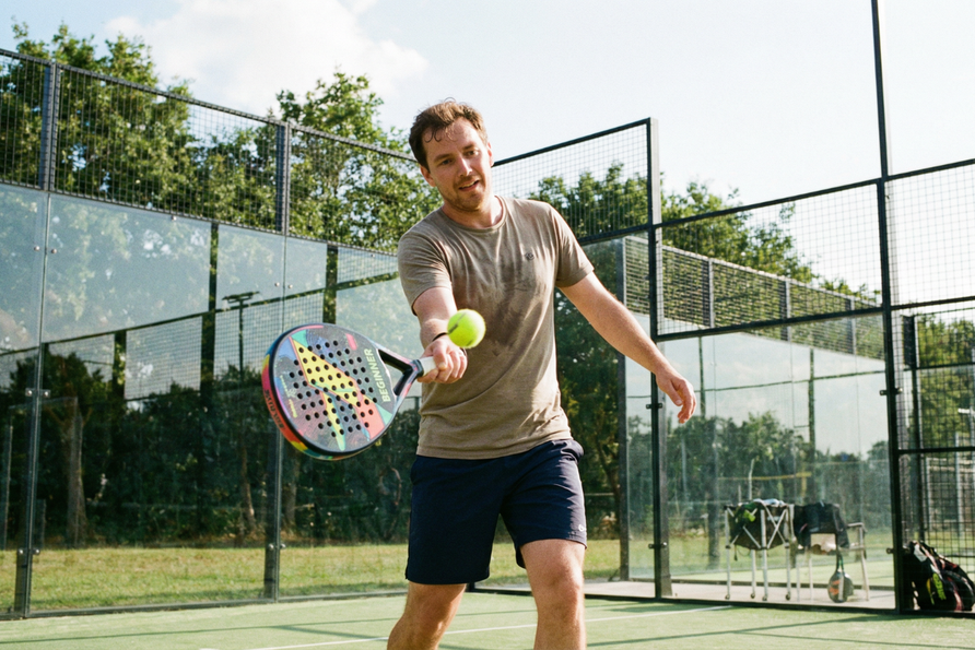 Beginner met padelracket die een bal raakt op een buitenbaan