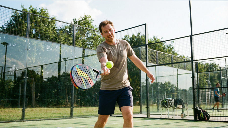 Beginner met padelracket die een bal raakt op een buitenbaan