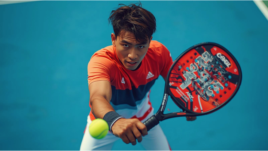 Beginnende padelspeler slaat bal met padelracket op padelbaan