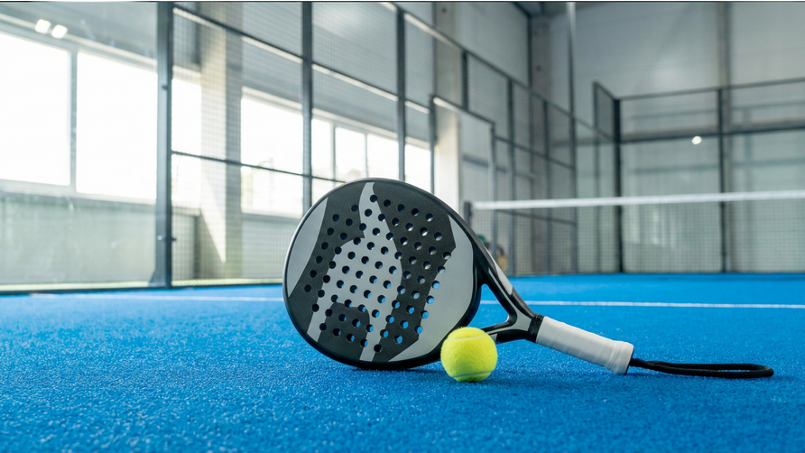 Padelracket onder 100 euro met padelbal op indoor padelbaan