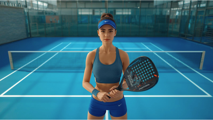 Beginnende padelspeler met padelracket op indoor padelbaan