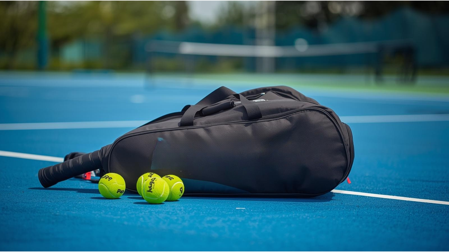 Grote padeltas met meerdere rackets en ballen op een padelbaan