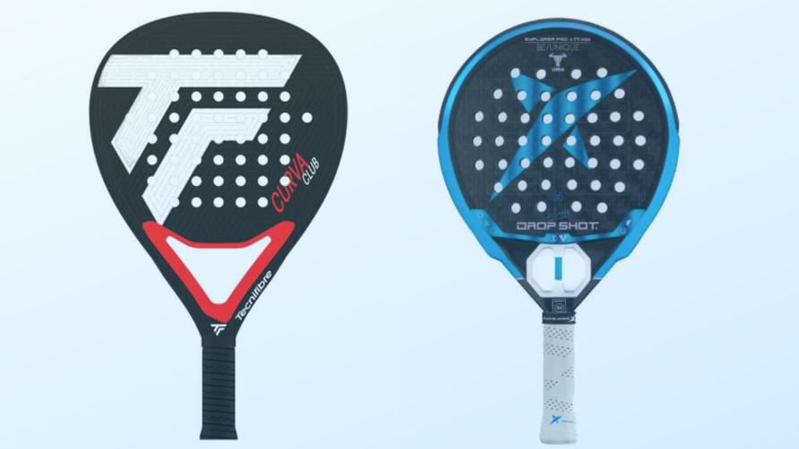 Vergelijking tussen carbon en fiberglass padelrackets met zichtbaar verschil in materiaal en opbouw
