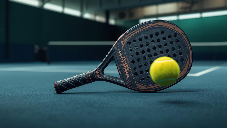 Diamantvormig padelracket met bal op padelbaan voor maximale power