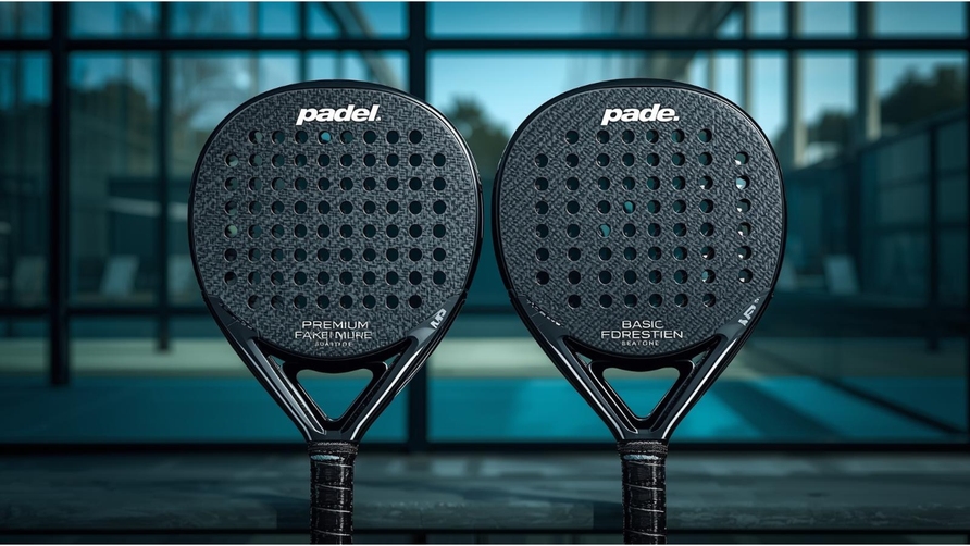 Vergelijking tussen premium en basic padel racket op padelbaan