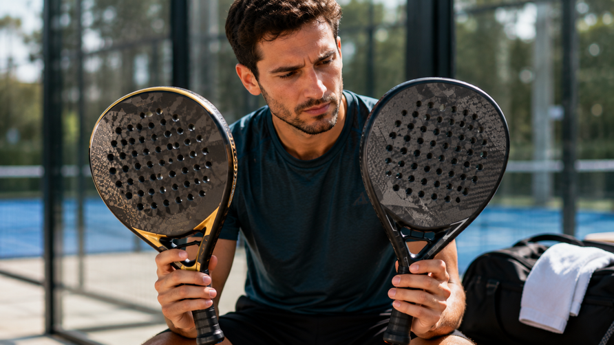 Padelspeler vergelijkt een premium padelracket met een goedkoper model op kwaliteit en speelbaarheid