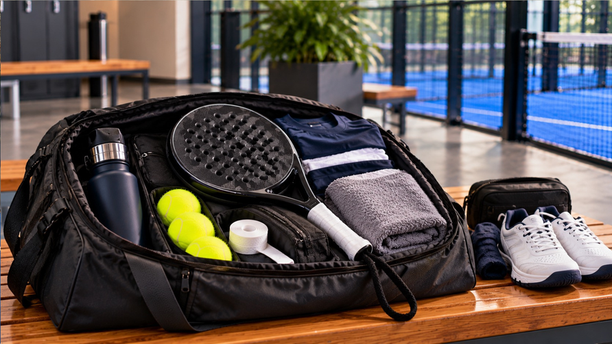 Open padeltas met racket, ballen, handdoek en accessoires voor een toernooi
