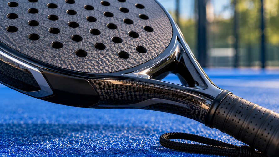 Detail van de carbon frameconstructie en hals van een padelracket