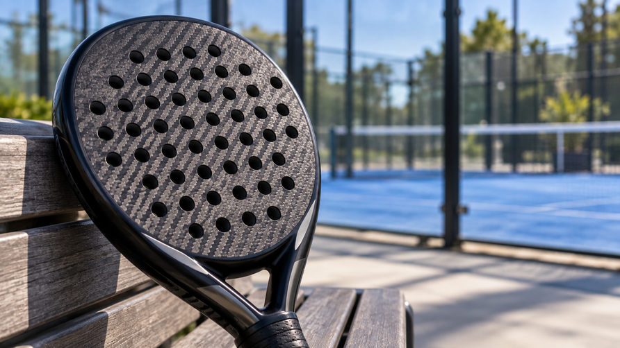 Close-up van het gatenpatroon en de perforaties in het slagvlak van een padelracket
