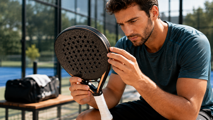Padelspeler inspecteert frame, slagvlak en afwerking om de kwaliteit van een padelracket te beoordelen