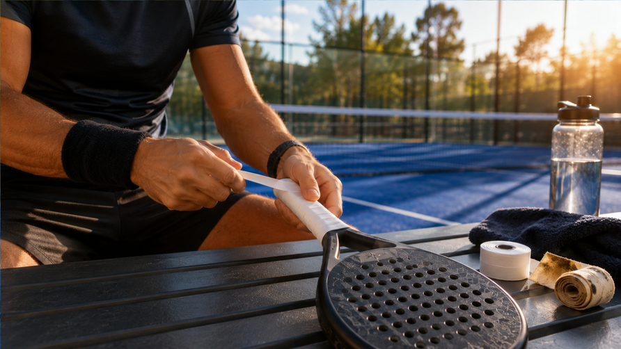 Padelspeler vervangt een verse overgrip op zijn racket naast een blauwe padelbaan tijdens een warme zomerdag.