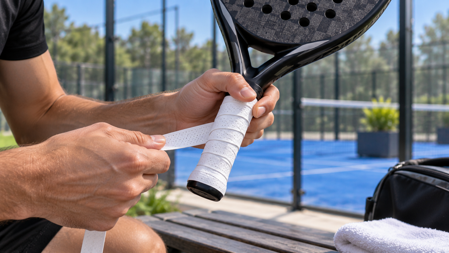 Padelspeler wikkelt een overgrip gelijkmatig rond het handvat van een padelracket