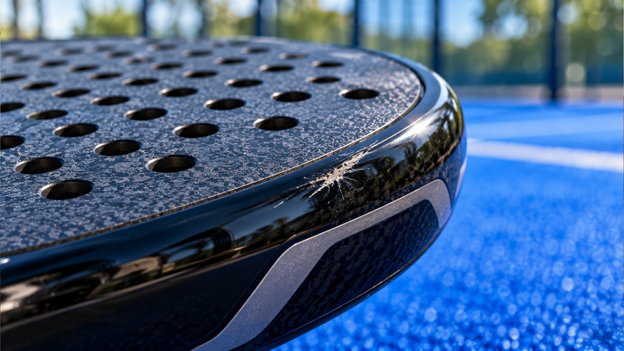 Oppervlakkige kras op de rand van een padelracket in close-up