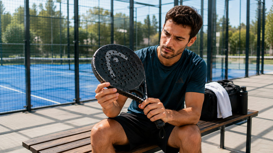 Padelspeler controleert een veelgebruikt padelracket om de slijtage en resterende levensduur te beoordelen