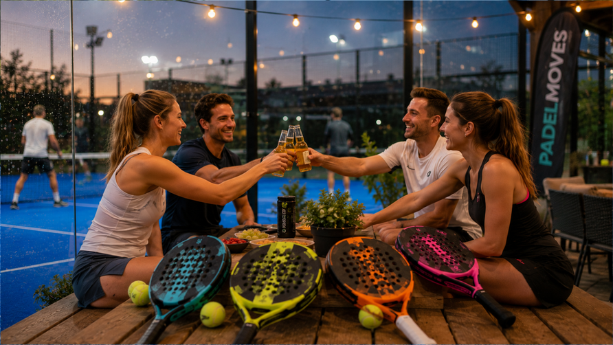 Kleurrijke padelrackets naast een blauwe padelbaan tijdens een zomerse padelavond.