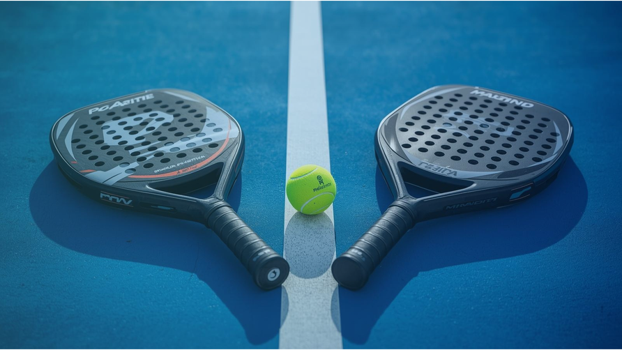 Vergelijking tussen licht en zwaar padelracket op padelbaan met visueel verschil in balans en speelstijl