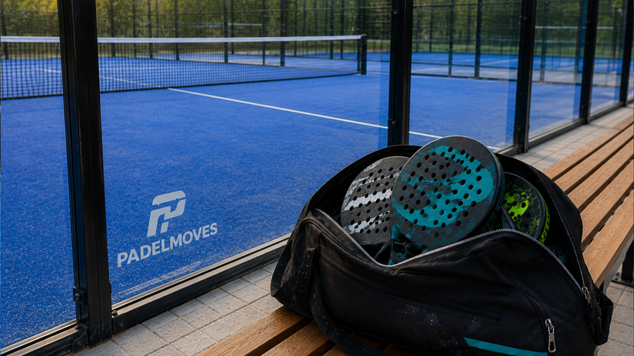 Meerdere padelrackets in een open padeltas op een bank naast een blauwe padelbaan.