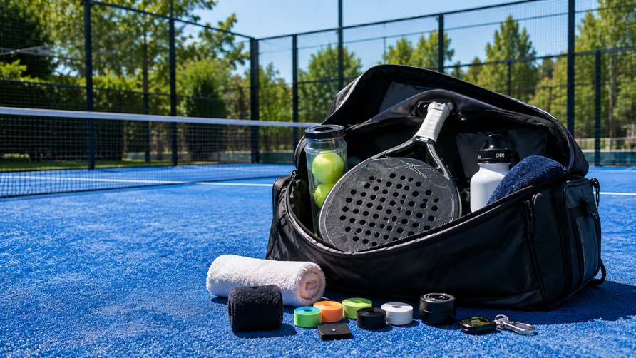 Open padeltas met padelracket, overgrips, padelballen, waterfles en accessoires naast een blauwe padelbaan.
