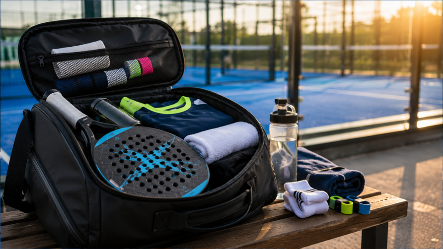Open padeltas naast een blauwe padelbaan met racket, padelballen, overgrips, bidon en sportaccessoires.