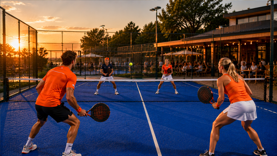 Vier padellers spelen een dubbelwedstrijd op een blauwe padelbaan tijdens een warme zomeravond bij een gezellige padelclub met subtiele Oranje-accenten.
