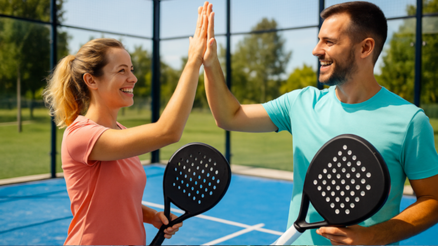 Twee beginnende padelspelers geven elkaar een high five op de padelbaan na een geslaagde rally