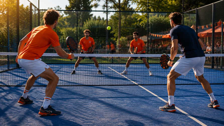 Vier spelers spelen een padel dubbelwedstrijd op een outdoor padelbaan tijdens de sportieve sfeer rond het WK 2026.