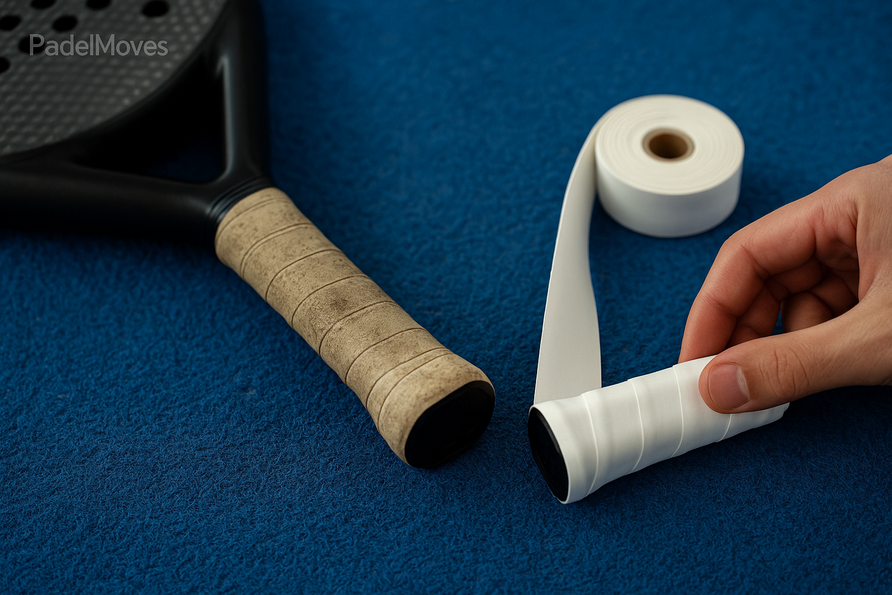 Padelracket met versleten grip en een nieuwe overgrip die wordt aangebracht voor betere controle
