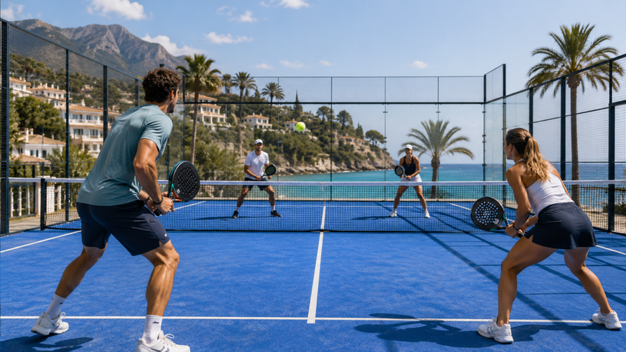 Padellers spelen een dubbelwedstrijd op een blauwe padelbaan aan de Middellandse Zee tijdens een zonnige zomervakantie.