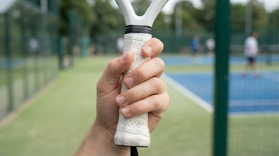 Close-up van hand met witte overgrip op padelracket in neutrale continentale grip op padelbaan.