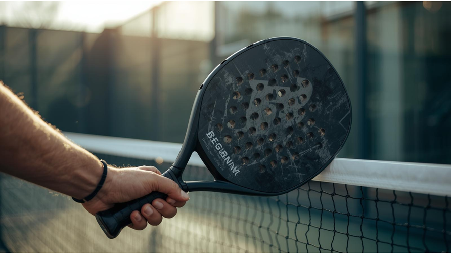 Beginner houdt padel racket ontspannen vast op padelbaan met glaswand