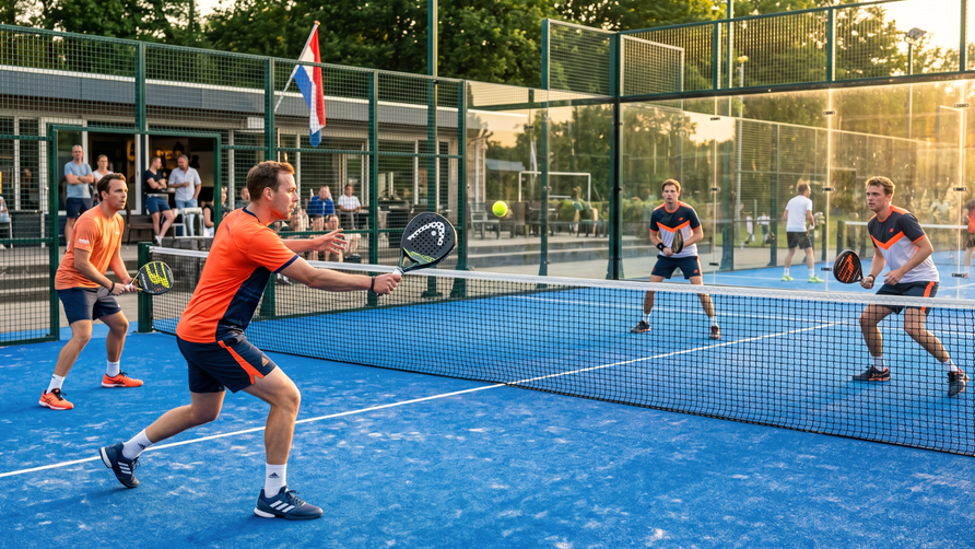 Recreatieve spelers tijdens een padelwedstrijd op een Nederlandse outdoor padelbaan in de sportzomer van 2026