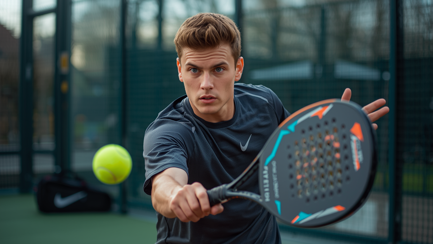 Beginner speelt padel met racket en ballen op padelbaan als onderdeel van een starterset in 2026