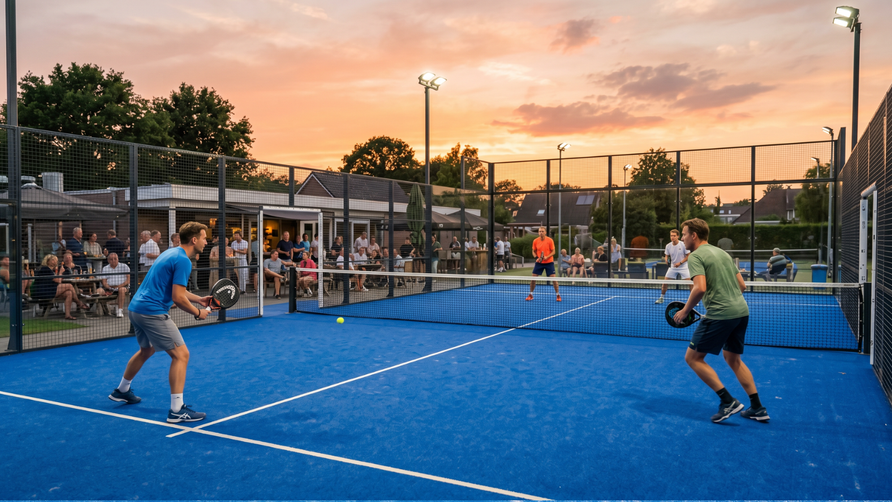 Recreatieve spelers tijdens een zomerse avondwedstrijd op een Nederlandse outdoor padelbaan in de zomer van 2026