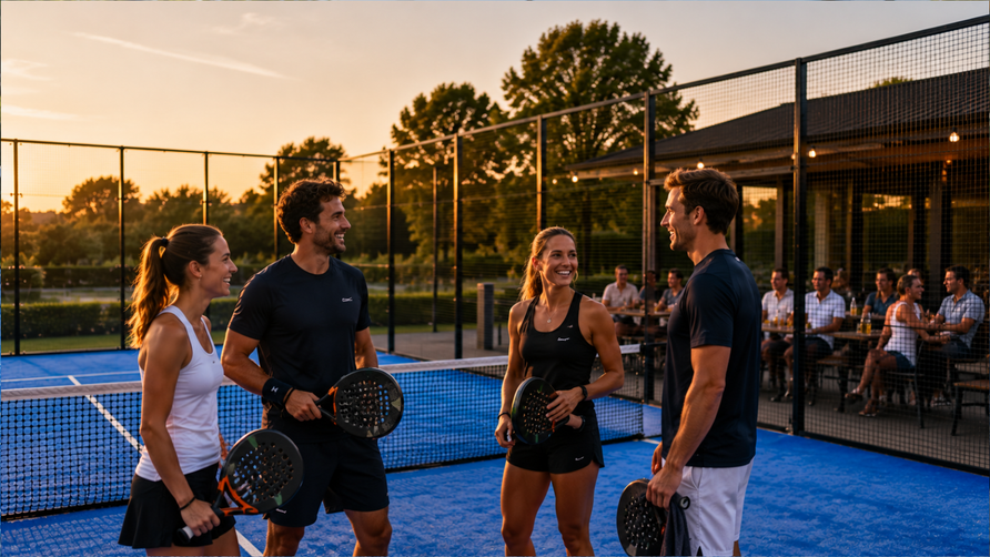 Vrienden staan na een potje padel ontspannen bij een blauwe padelbaan tijdens een zomerse padelavond.