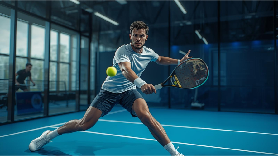 Professionele padelspeler slaat snelle bal tijdens wedstrijd met hoge intensiteit