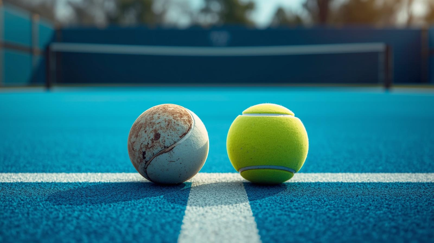 Nieuwe en versleten padelbal naast elkaar op padelbaan met zichtbaar verschil in slijtage