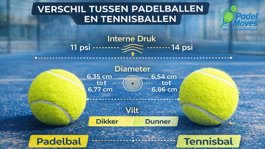 Padelbal en tennisbal naast elkaar op een sportbaan
