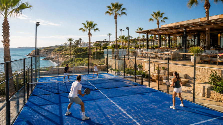 Padellers genieten van een zomerse wedstrijd op een moderne padelclub aan de Spaanse kust tijdens een padelvakantie.