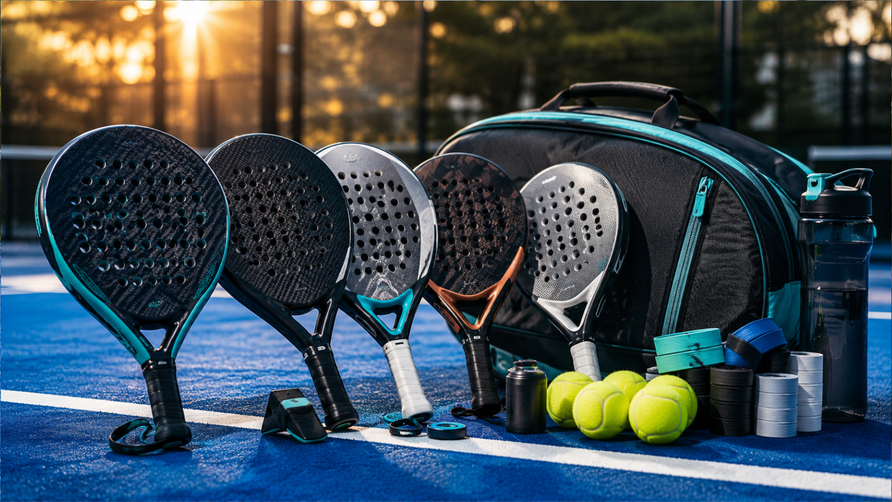 Moderne padelrackets, padelballen, overgrips en accessoires op een blauwe padelbaan als vooruitblik op ontwikkelingen in padelmateriaal voor 2027.