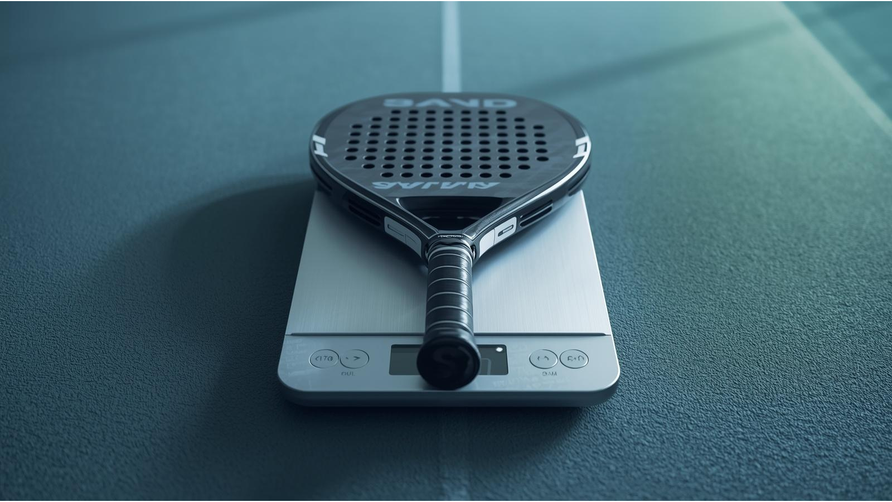 Padelracket op digitale weegschaal met zichtbaar gewicht in gram